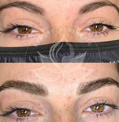 Detailed view of microblading eyebrows, highlighting the natural-looking, perfectly shaped brow strokes created with precision