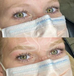 Detailed view of microblading eyebrows, highlighting the natural-looking, perfectly shaped brow strokes created with precision