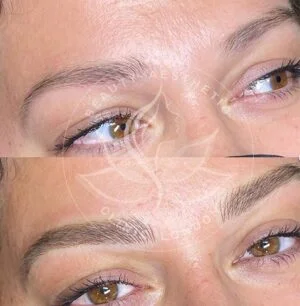 Detailed view of microblading eyebrows, highlighting the natural-looking, perfectly shaped brow strokes created with precision