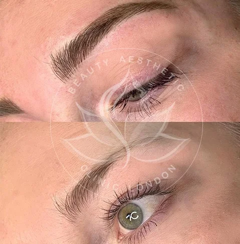 Detailed view of microblading eyebrows, highlighting the natural-looking, perfectly shaped brow strokes created with precision