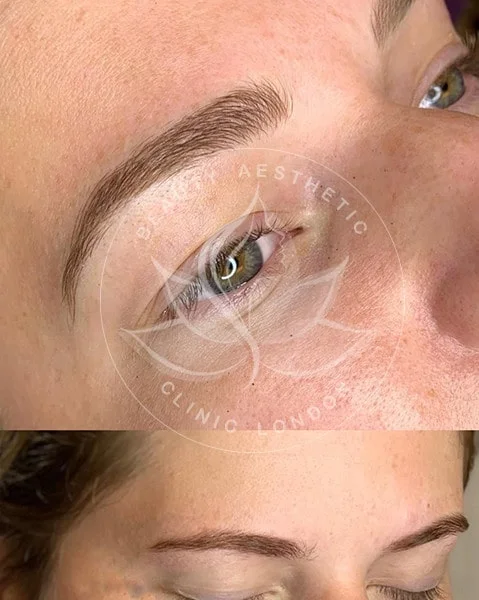 Detailed view of microblading eyebrows, highlighting the natural-looking, perfectly shaped brow strokes created with precision