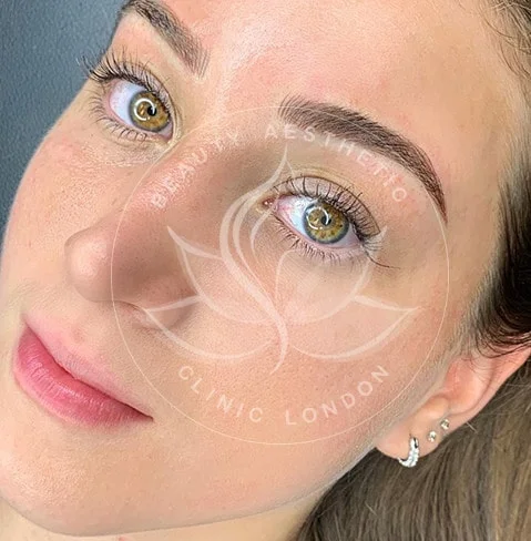 Detailed view of microblading eyebrows, highlighting the natural-looking, perfectly shaped brow strokes created with precision