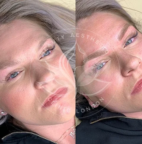 Detailed view of microblading eyebrows, highlighting the natural-looking, perfectly shaped brow strokes created with precision