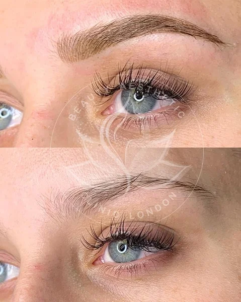 Detailed view of microblading eyebrows, highlighting the natural-looking, perfectly shaped brow strokes created with precision