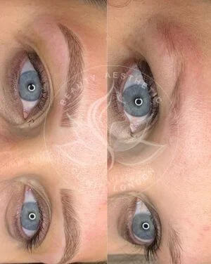 Detailed view of microblading eyebrows, highlighting the natural-looking, perfectly shaped brow strokes created with precision