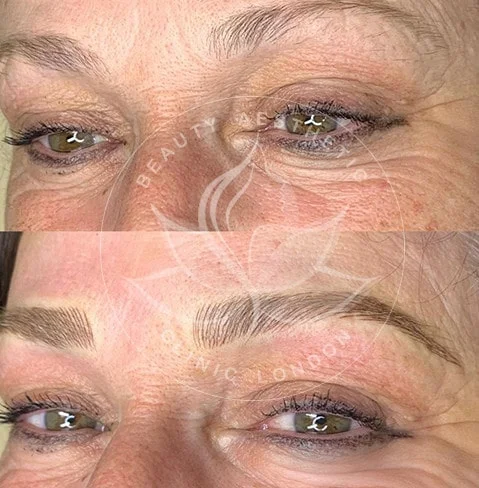 Detailed view of microblading eyebrows, highlighting the natural-looking, perfectly shaped brow strokes created with precision