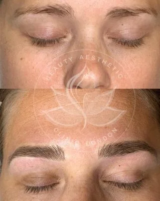 Detailed view of microblading eyebrows, highlighting the natural-looking, perfectly shaped brow strokes created with precision