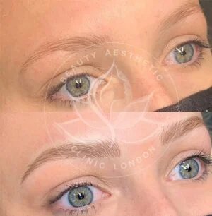 Detailed view of microblading eyebrows, highlighting the natural-looking, perfectly shaped brow strokes created with precision