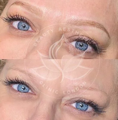 Detailed view of microblading eyebrows, highlighting the natural-looking, perfectly shaped brow strokes created with precision