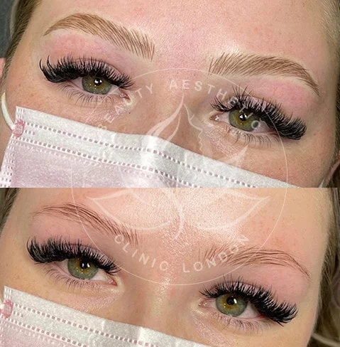 Detailed view of microblading eyebrows, highlighting the natural-looking, perfectly shaped brow strokes created with precision