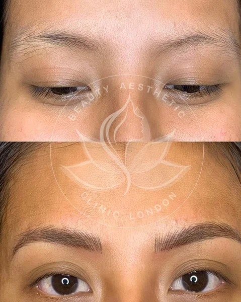 Detailed view of microblading eyebrows, highlighting the natural-looking, perfectly shaped brow strokes created with precision