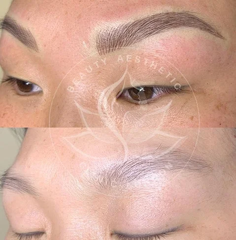 Detailed view of microblading eyebrows, highlighting the natural-looking, perfectly shaped brow strokes created with precision