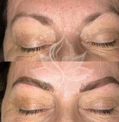 Detailed view of microblading eyebrows, highlighting the natural-looking, perfectly shaped brow strokes created with precision
