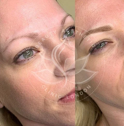 Detailed view of microblading eyebrows, highlighting the natural-looking, perfectly shaped brow strokes created with precision