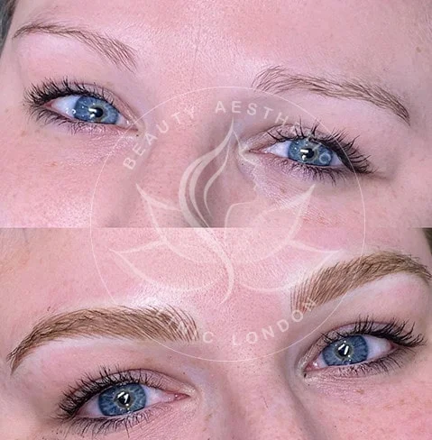 Detailed view of microblading eyebrows, highlighting the natural-looking, perfectly shaped brow strokes created with precision