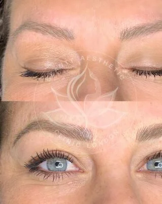 Detailed view of microblading eyebrows, highlighting the natural-looking, perfectly shaped brow strokes created with precision