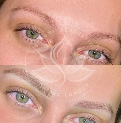 Detailed view of microblading eyebrows, highlighting the natural-looking, perfectly shaped brow strokes created with precision.