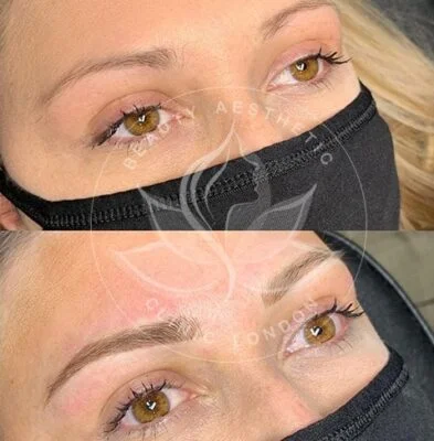 Detailed view of microblading eyebrows, highlighting the natural-looking, perfectly shaped brow strokes created with precision.