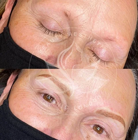 Detailed view of microblading eyebrows, highlighting the natural-looking, perfectly shaped brow strokes created with precision