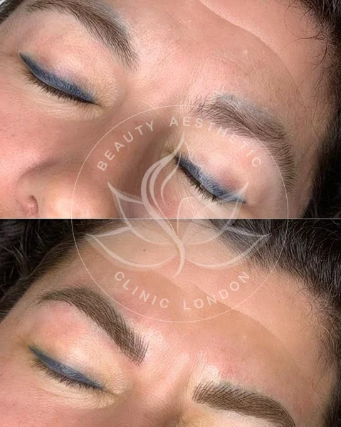 Detailed view of microblading eyebrows, highlighting the natural-looking, perfectly shaped brow strokes created with precision.