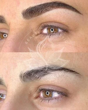 Detailed view of microblading eyebrows, highlighting the natural-looking, perfectly shaped brow strokes created with precision.
