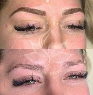 Detailed view of microblading eyebrows, highlighting the natural-looking, perfectly shaped brow strokes created with precision.
