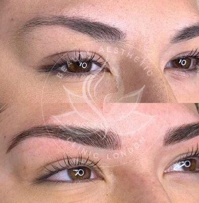 Detailed view of microblading eyebrows, highlighting the natural-looking, perfectly shaped brow strokes created with precision.