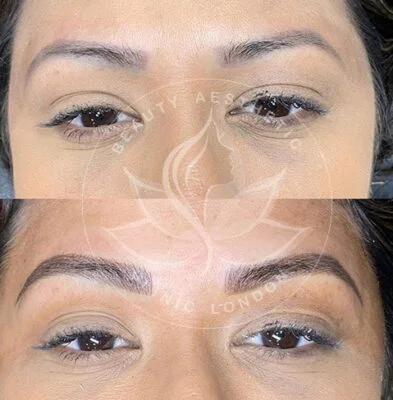 Detailed view of microblading eyebrows, highlighting the natural-looking, perfectly shaped brow strokes created with precision.