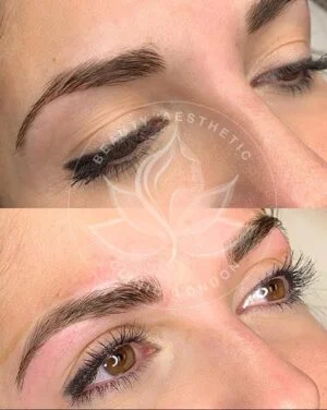 Detailed view of microblading eyebrows, highlighting the natural-looking, perfectly shaped brow strokes created with precision.