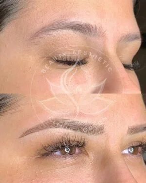 Detailed view of microblading eyebrows, highlighting the natural-looking, perfectly shaped brow strokes created with precision.