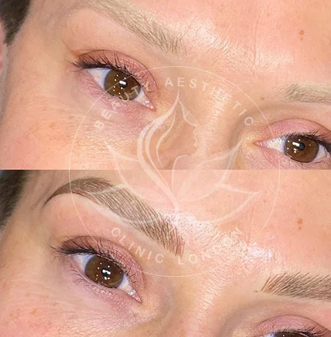 Detailed view of microblading eyebrows, highlighting the natural-looking, perfectly shaped brow strokes created with precision.