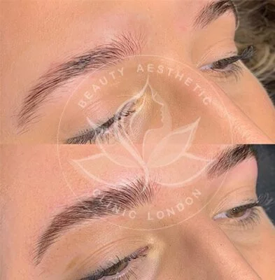 Detailed view of microblading eyebrows, highlighting the natural-looking, perfectly shaped brow strokes created with precision.