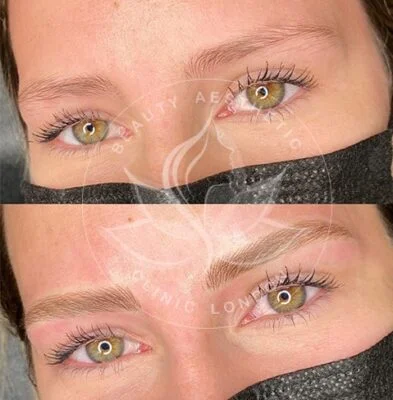 Detailed view of microblading eyebrows, highlighting the natural-looking, perfectly shaped brow strokes created with precision.