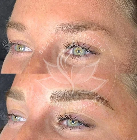 Detailed view of microblading eyebrows, highlighting the natural-looking, perfectly shaped brow strokes created with precision.