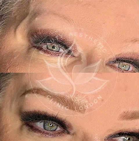 Detailed view of microblading eyebrows, highlighting the natural-looking, perfectly shaped brow strokes created with precision.