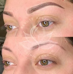 Detailed view of microblading eyebrows, highlighting the natural-looking, perfectly shaped brow strokes created with precision.
