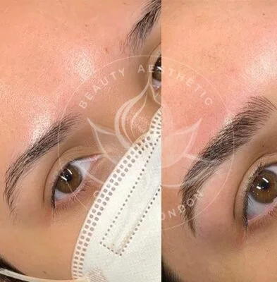 Detailed view of microblading eyebrows, highlighting the natural-looking, perfectly shaped brow strokes created with precision.