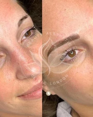 Detailed view of microblading eyebrows, highlighting the natural-looking, perfectly shaped brow strokes created with precision.