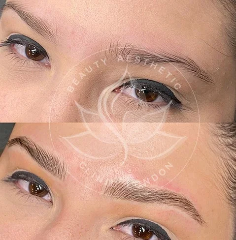Detailed view of microblading eyebrows, highlighting the natural-looking, perfectly shaped brow strokes created with precision.