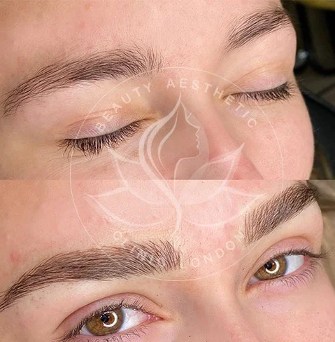 Detailed view of microblading eyebrows, highlighting the natural-looking, perfectly shaped brow strokes created with precision.