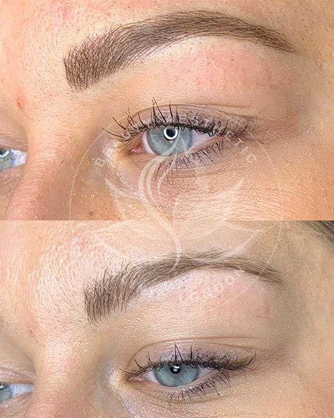 Detailed view of microblading eyebrows, highlighting the natural-looking, perfectly shaped brow strokes created with precision.