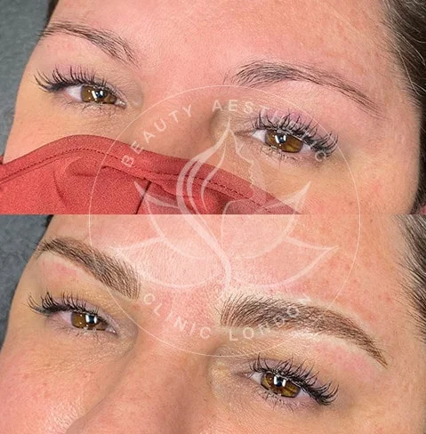 Detailed view of microblading eyebrows, highlighting the natural-looking, perfectly shaped brow strokes created with precision