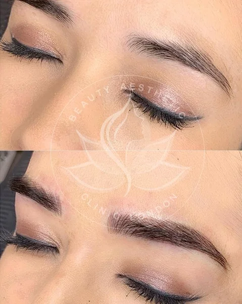 Detailed view of microblading eyebrows, highlighting the natural-looking, perfectly shaped brow strokes created with precision