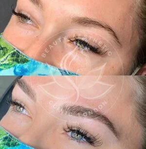 Detailed view of microblading eyebrows, highlighting the natural-looking, perfectly shaped brow strokes created with precision