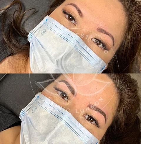 Detailed view of microblading eyebrows, highlighting the natural-looking, perfectly shaped brow strokes created with precision