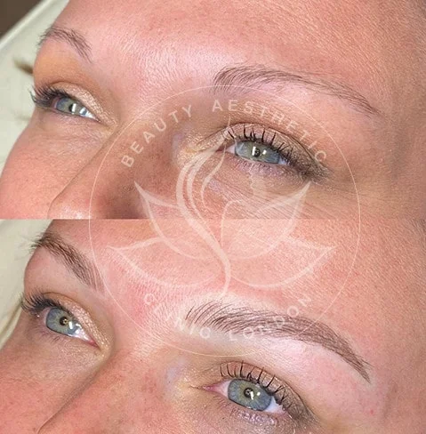 Detailed view of microblading eyebrows, highlighting the natural-looking, perfectly shaped brow strokes created with precision
