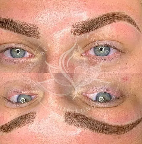 Detailed view of microblading eyebrows, highlighting the natural-looking, perfectly shaped brow strokes created with precision